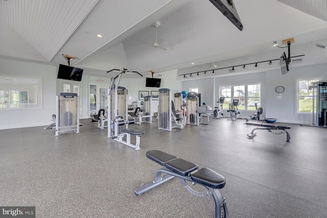 workout area with baseboards, high vaulted ceiling, ceiling fan, and rail lighting