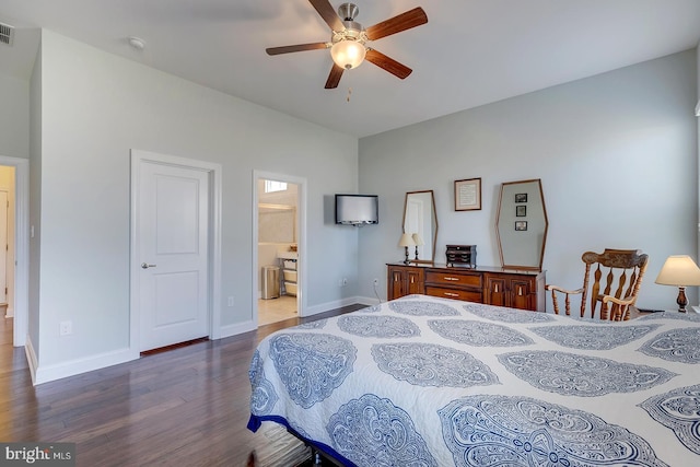 bedroom featuring wood finished floors, visible vents, baseboards, ceiling fan, and connected bathroom