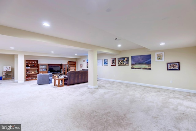 carpeted living room featuring recessed lighting, visible vents, and baseboards