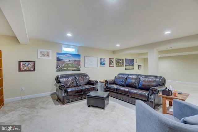 living area with recessed lighting, baseboards, and carpet