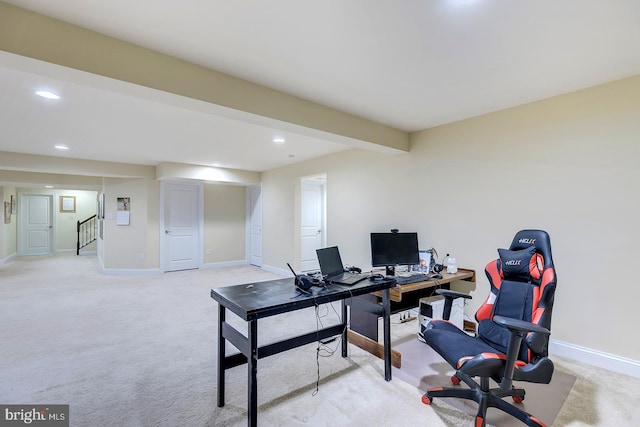 office area with beam ceiling, recessed lighting, light colored carpet, and baseboards