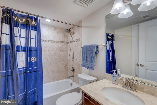 bathroom with visible vents, toilet, shower / bath combo, and vanity