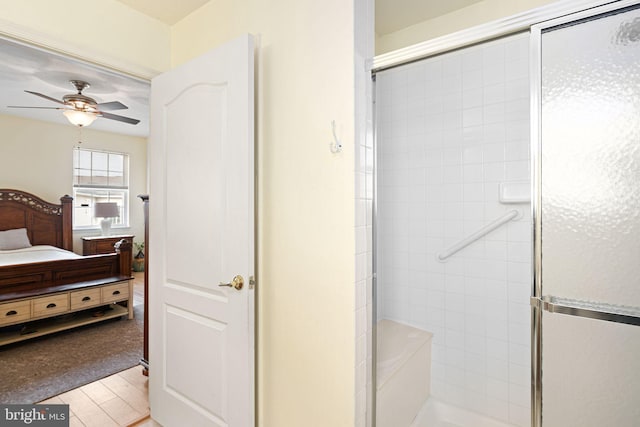 full bathroom with ceiling fan, ensuite bath, and a shower stall