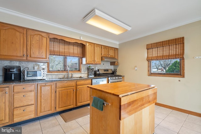 kitchen featuring a sink, stainless steel appliances, plenty of natural light, and under cabinet range hood