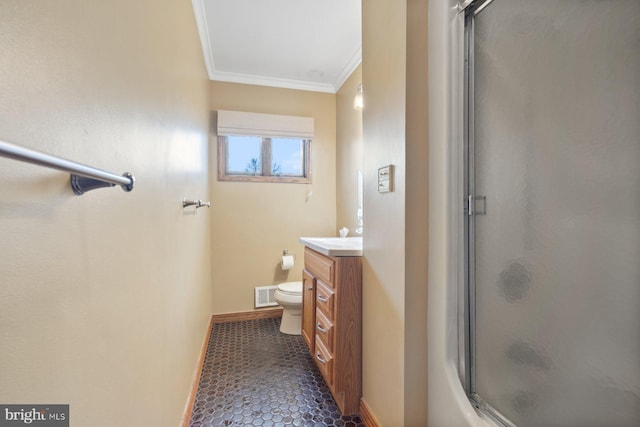 full bath with an enclosed shower, visible vents, toilet, crown molding, and vanity