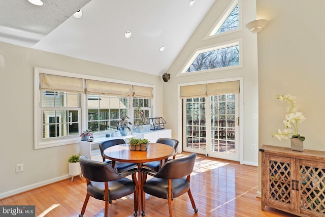 dining area featuring hardwood / wood-style floors, a healthy amount of sunlight, and baseboards