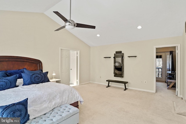 bedroom with recessed lighting, baseboards, light colored carpet, and a ceiling fan