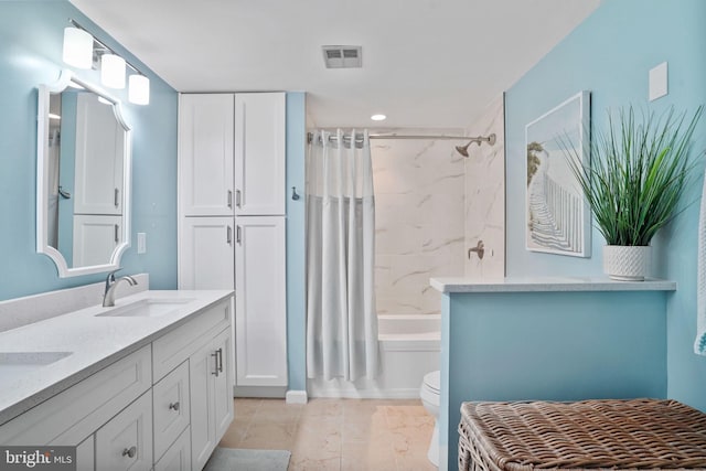 full bathroom featuring visible vents, a sink, toilet, double vanity, and shower / bathtub combination with curtain