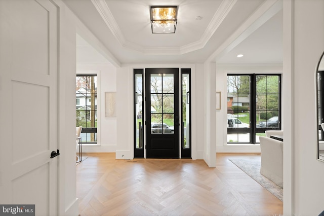 foyer featuring a raised ceiling, a healthy amount of sunlight, baseboards, and ornamental molding