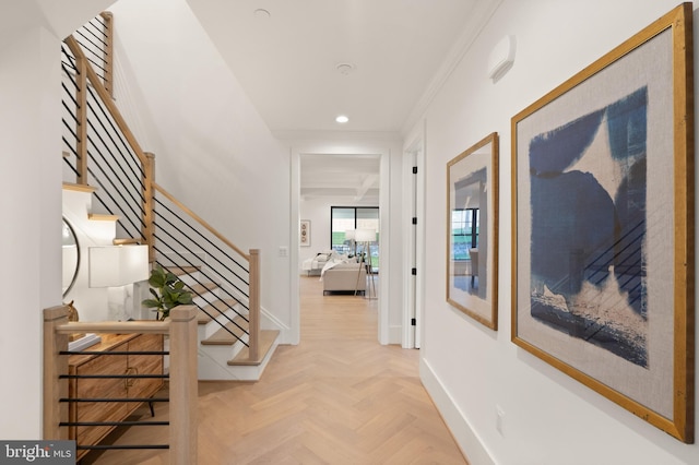 corridor with crown molding, stairway, recessed lighting, and baseboards