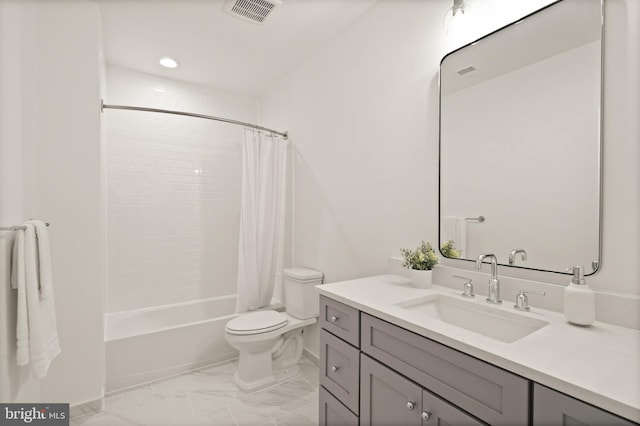 bathroom featuring visible vents, toilet, marble finish floor, shower / tub combo with curtain, and vanity