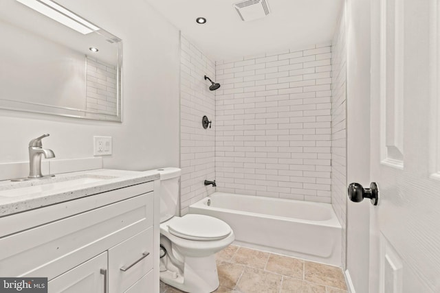 bathroom with shower / bathing tub combination, visible vents, toilet, and vanity