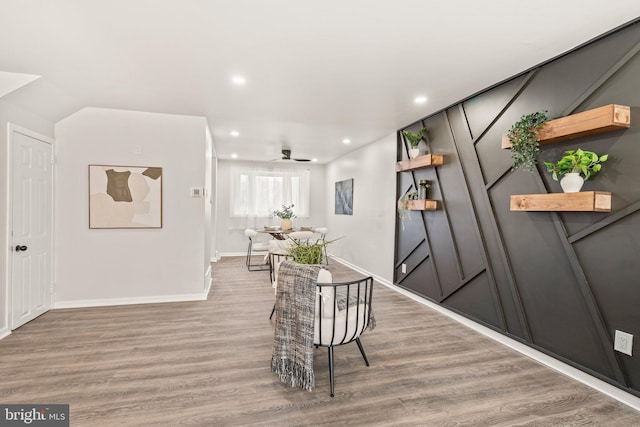 dining room featuring recessed lighting, baseboards, light wood-style floors, and a ceiling fan