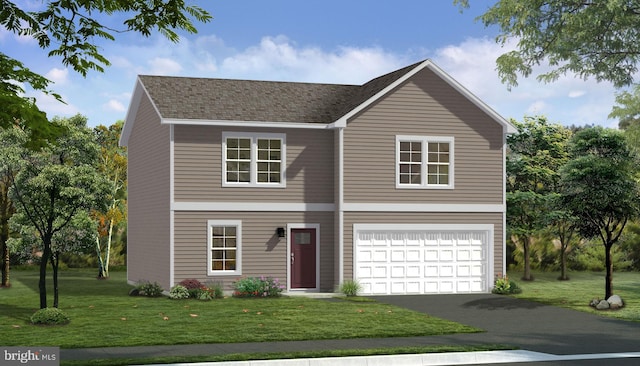 view of front of property featuring aphalt driveway, a garage, a shingled roof, and a front yard