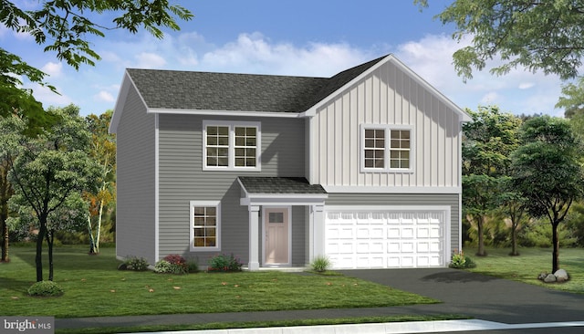 view of front of property featuring a front yard, an attached garage, driveway, and roof with shingles