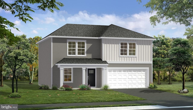 view of front of house with an attached garage, a shingled roof, a front lawn, aphalt driveway, and board and batten siding