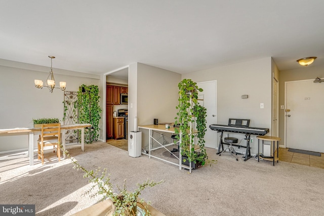 living area featuring an inviting chandelier and light colored carpet