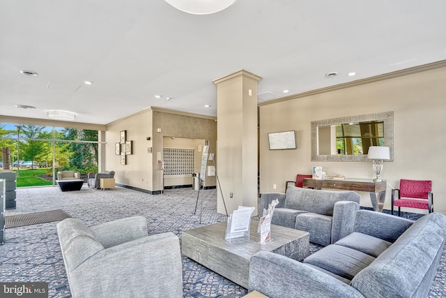 carpeted living room featuring recessed lighting, baseboards, ornamental molding, and ornate columns