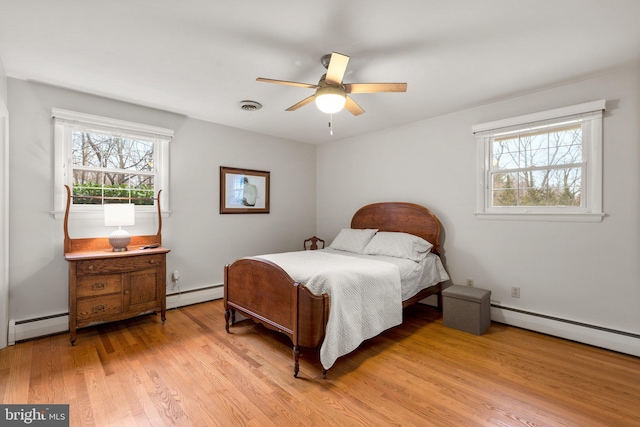 bedroom featuring visible vents, multiple windows, light wood-style floors, and a baseboard heating unit