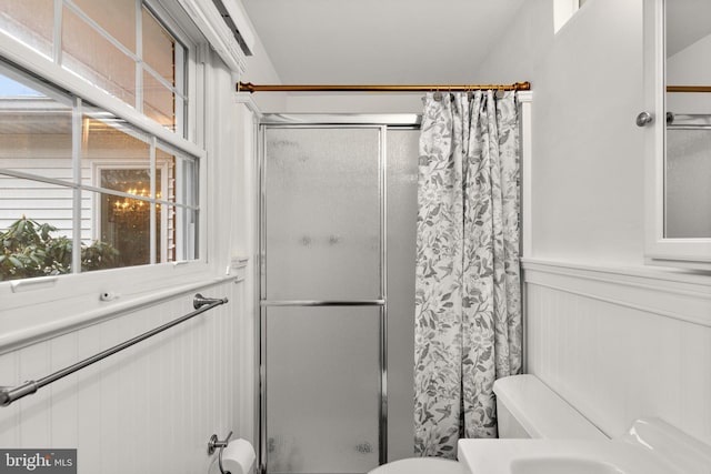 bathroom with a wainscoted wall, plenty of natural light, and a stall shower