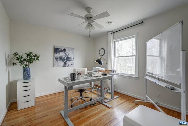 office featuring ceiling fan, visible vents, light wood-type flooring, and baseboards