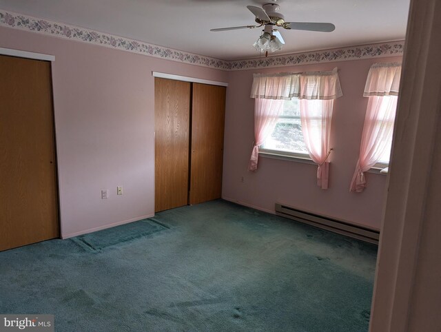 unfurnished bedroom featuring baseboard heating, ceiling fan, and carpet