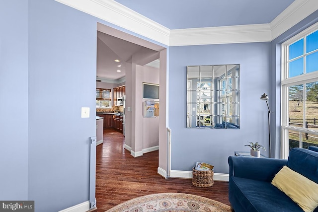 living area featuring baseboards, ornamental molding, and dark wood-style flooring