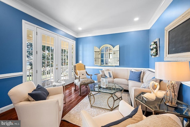 living area featuring wood finished floors, baseboards, recessed lighting, french doors, and crown molding