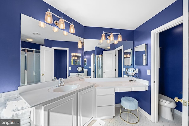 full bath with vanity, visible vents, a shower stall, tile patterned floors, and toilet