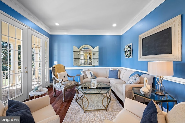 living room with recessed lighting, french doors, crown molding, and wood finished floors