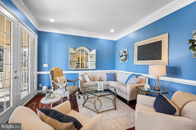 living area with recessed lighting, french doors, wood finished floors, and ornamental molding