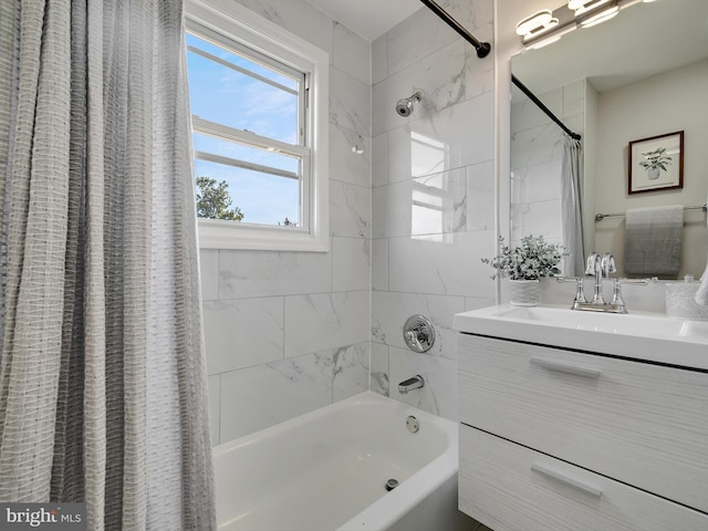 bathroom featuring shower / tub combo with curtain and vanity