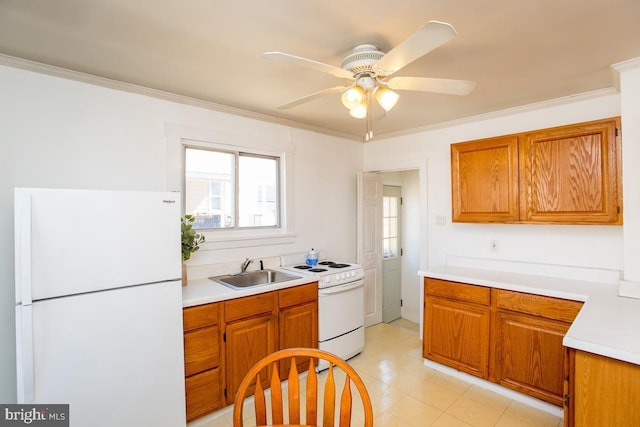 kitchen with brown cabinets, white appliances, crown molding, and a sink