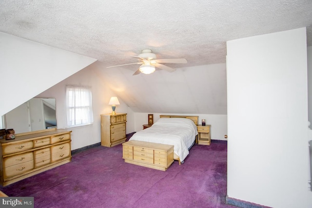 carpeted bedroom with ceiling fan, lofted ceiling, baseboards, and a textured ceiling