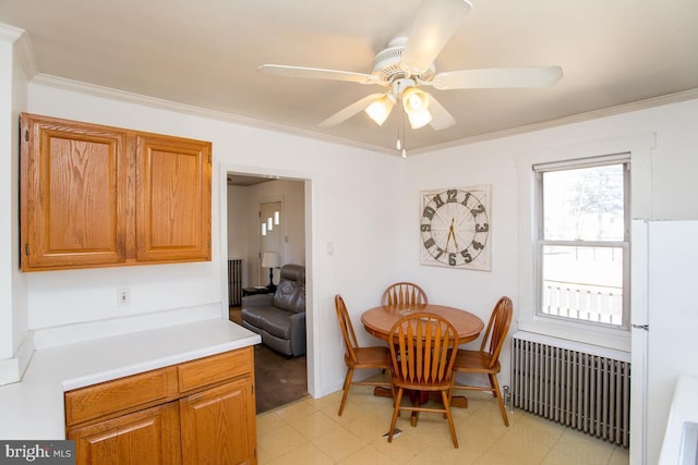 dining room featuring radiator, a ceiling fan, and ornamental molding