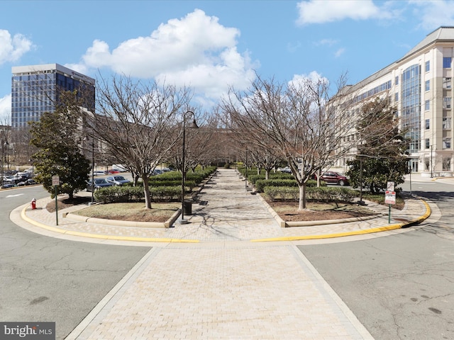 view of road featuring curbs, street lights, and sidewalks