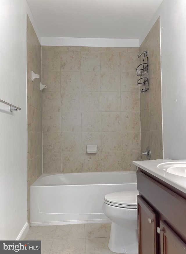 full bath with tile patterned floors, toilet, tub / shower combination, and vanity