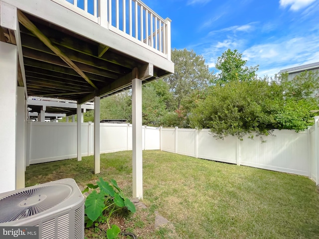 view of yard featuring a fenced backyard and central AC