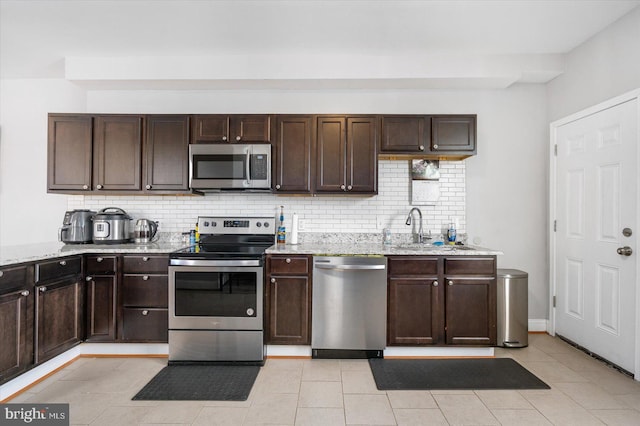 kitchen featuring stainless steel appliances, dark brown cabinets, a sink, light stone counters, and backsplash