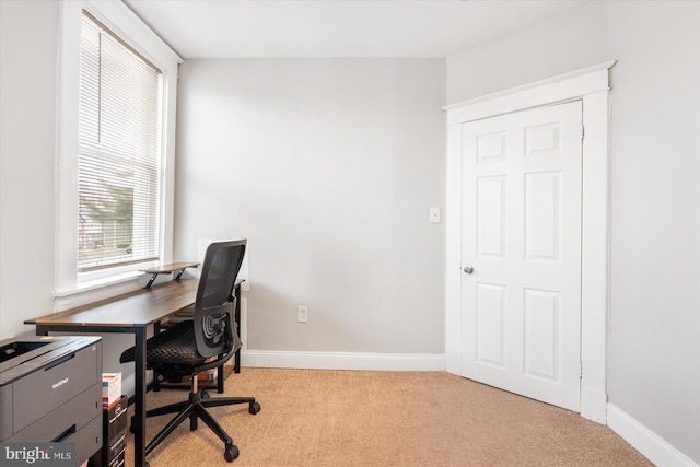 office area featuring baseboards and light carpet