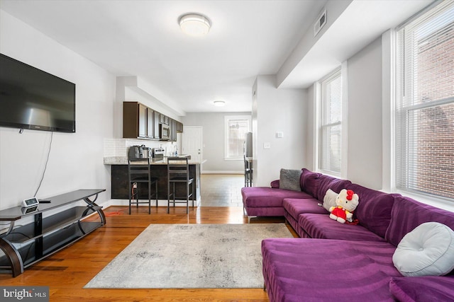 living area with baseboards, visible vents, and wood finished floors