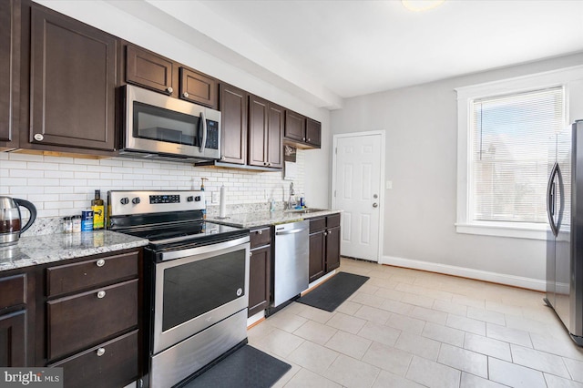 kitchen featuring backsplash, a sink, stainless steel appliances, and dark brown cabinets