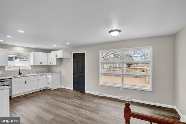 kitchen featuring light stone counters, visible vents, wood finished floors, and a sink