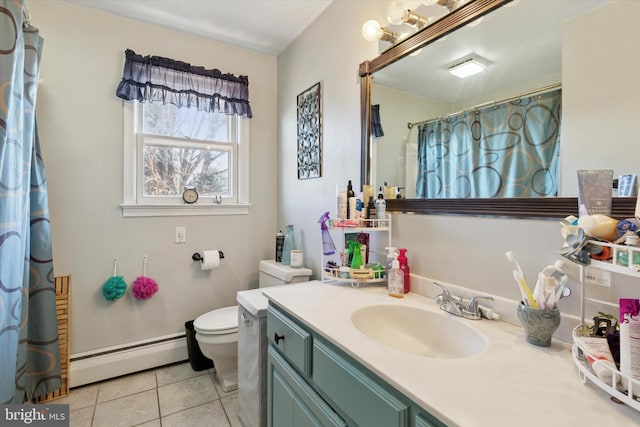 bathroom featuring a shower with curtain, toilet, tile patterned flooring, a baseboard radiator, and vanity