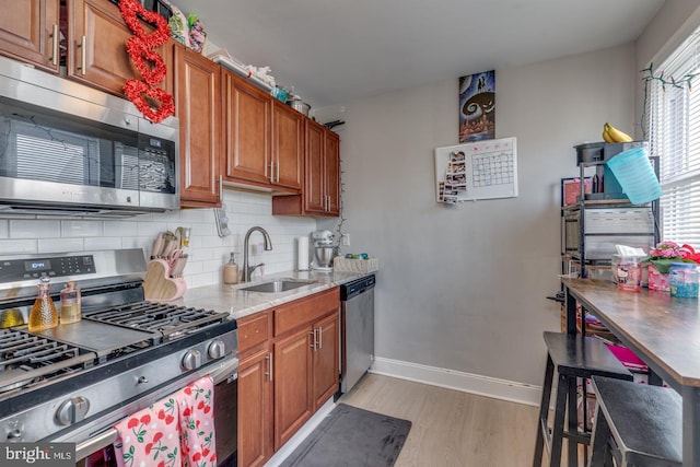 kitchen featuring a sink, light wood-style floors, appliances with stainless steel finishes, decorative backsplash, and baseboards