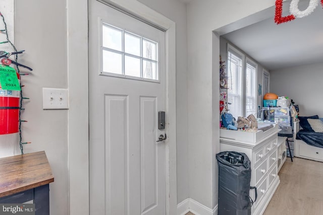 foyer entrance featuring light wood finished floors, a healthy amount of sunlight, and baseboards