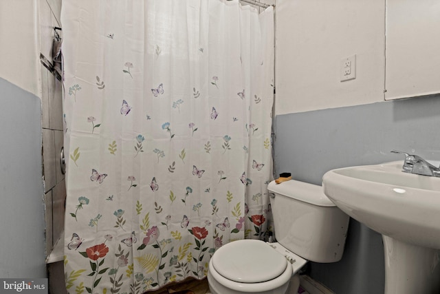 full bathroom featuring a shower with shower curtain, toilet, and a sink