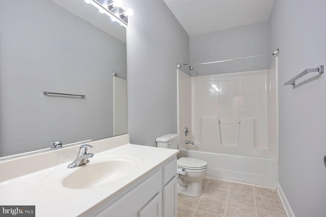 full bath featuring vanity,  shower combination, toilet, and baseboards