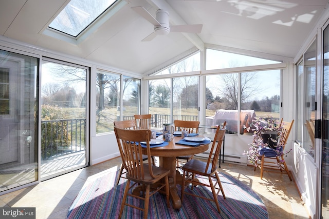 sunroom featuring vaulted ceiling with skylight and ceiling fan