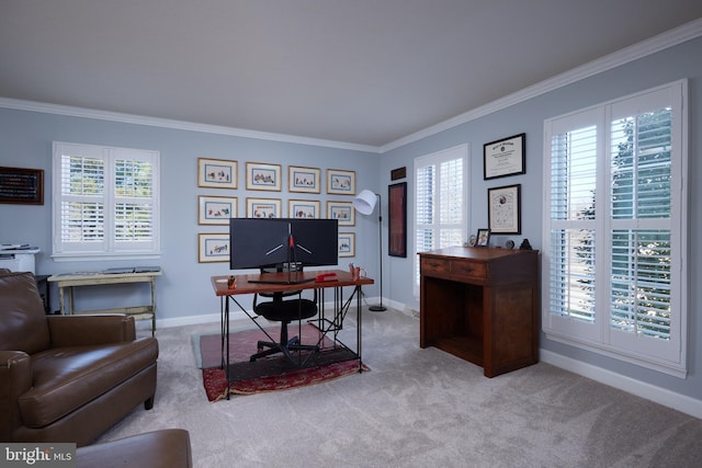 carpeted office space featuring baseboards and ornamental molding